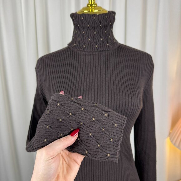 SPORTMAX by MaxMara 100% Wool Ribbed Turtleneck Lattice-Smocked Sweater sz XL - Picture 3 of 9